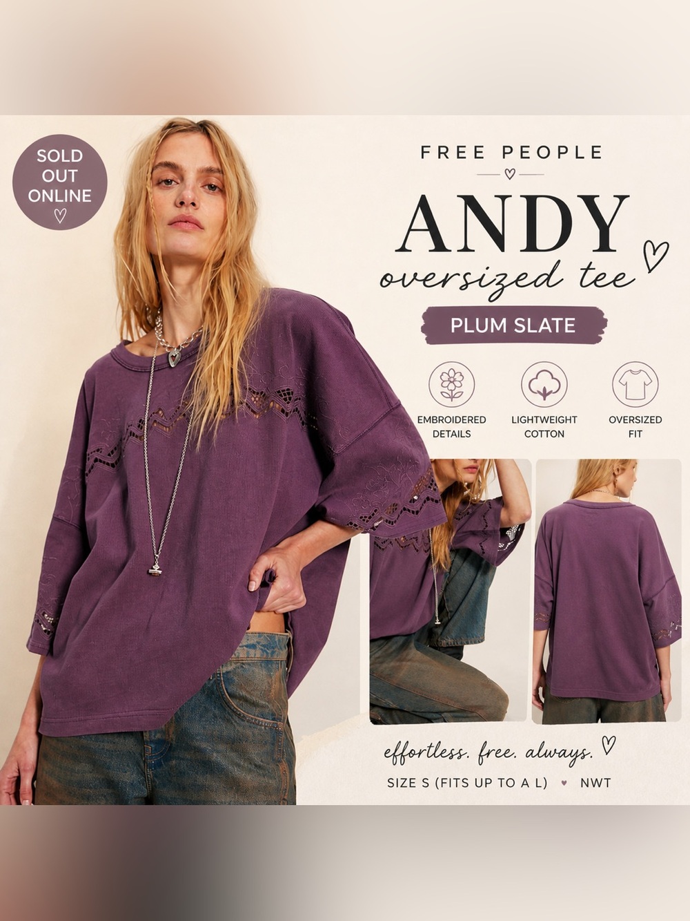 Free People Andy Oversized Tee Plum Slate